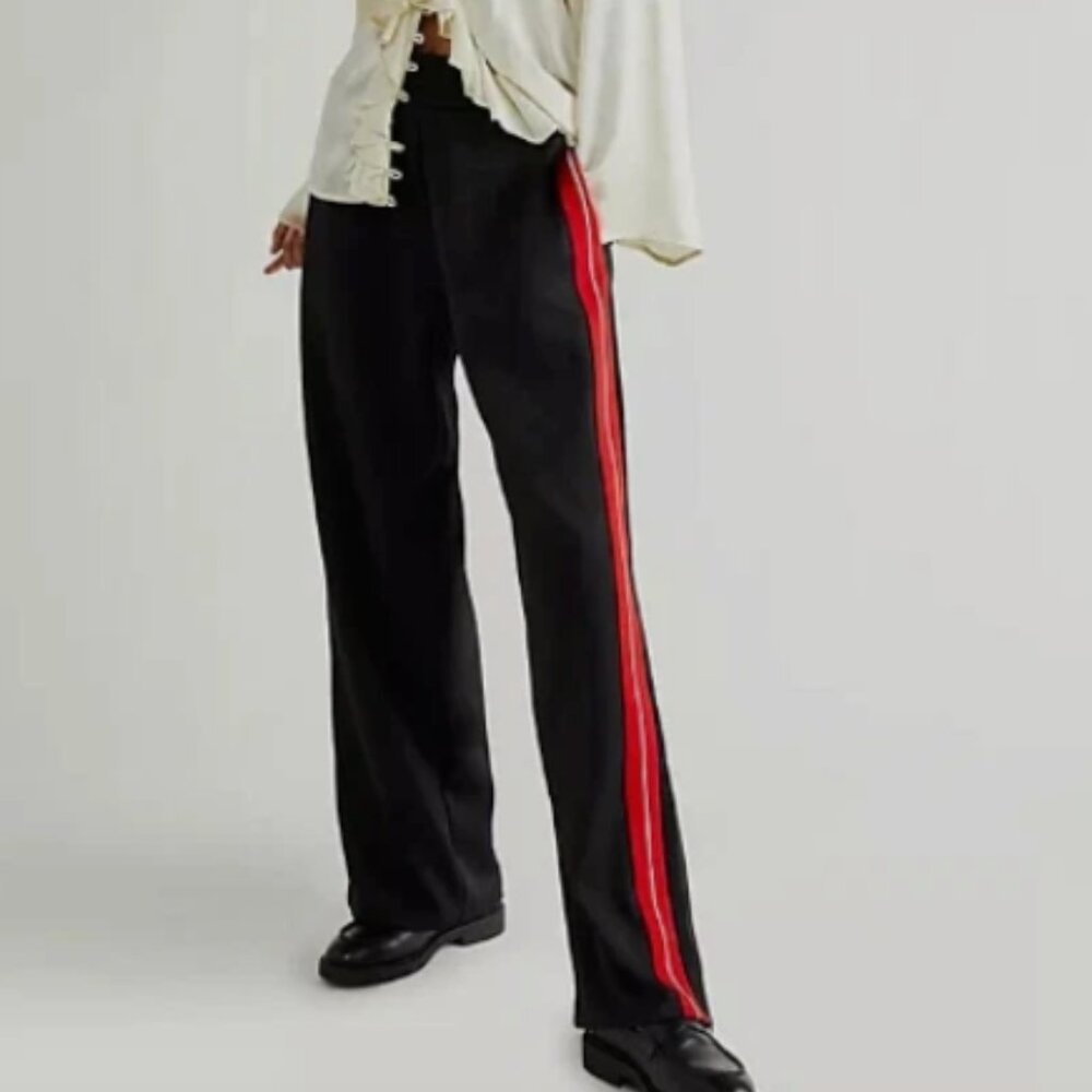 Free People Sophie Track Pants Women's Med Black Red Athleisure Pull On Work Out